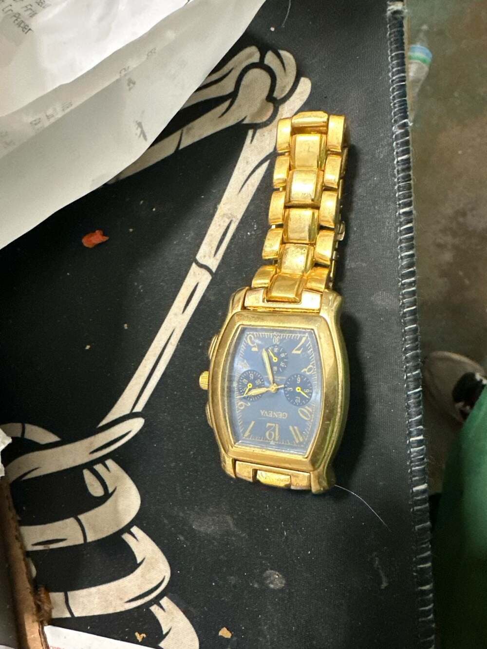 Geneva Gold Tone Tonneau Chronograph Style Watch with Blue Dial